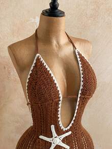 Soleia 女士度假浪漫性感蓝色V领修身海星装饰露背蝴蝶结针织迷你连衣裙，休闲、约会、下午茶、海滩、邮轮、公路旅行、音乐节、派对、波西米亚风、嬉皮风、西部风，可内可外穿，适合所有季节 - 咖啡棕 - 查看 7