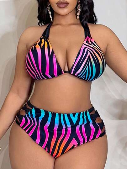 Slaydiva Set de bikini de 2 piezas para mujer de talla grande, con estampado aleatorio de rayas y degradado de colores, con cordón, para playa y verano