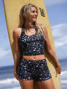 Swim SPRTY Women's Black Floral Daisy Pattern Casual Vacation Swimsuit, Two Pieces Swimwear, Surfing Swimsuit, Simple Vest Spaghetti Strap Bikini - Black - View 6