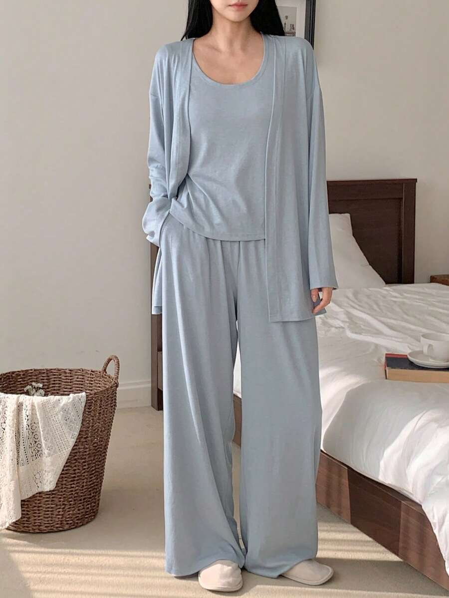 DAZY Bộ đồ ngủ nữ dệt kim 3 món thoải mái và dễ chịu - Màu xanh lam - Xem 1