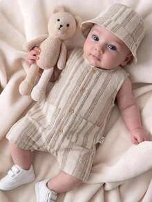 SHEIN 两件套，含赠送帽子：新生儿夏季杏色条纹圆领无袖连体衣和度假休闲渔夫帽 - 旅行必备 - 卡其色 - 查看 1