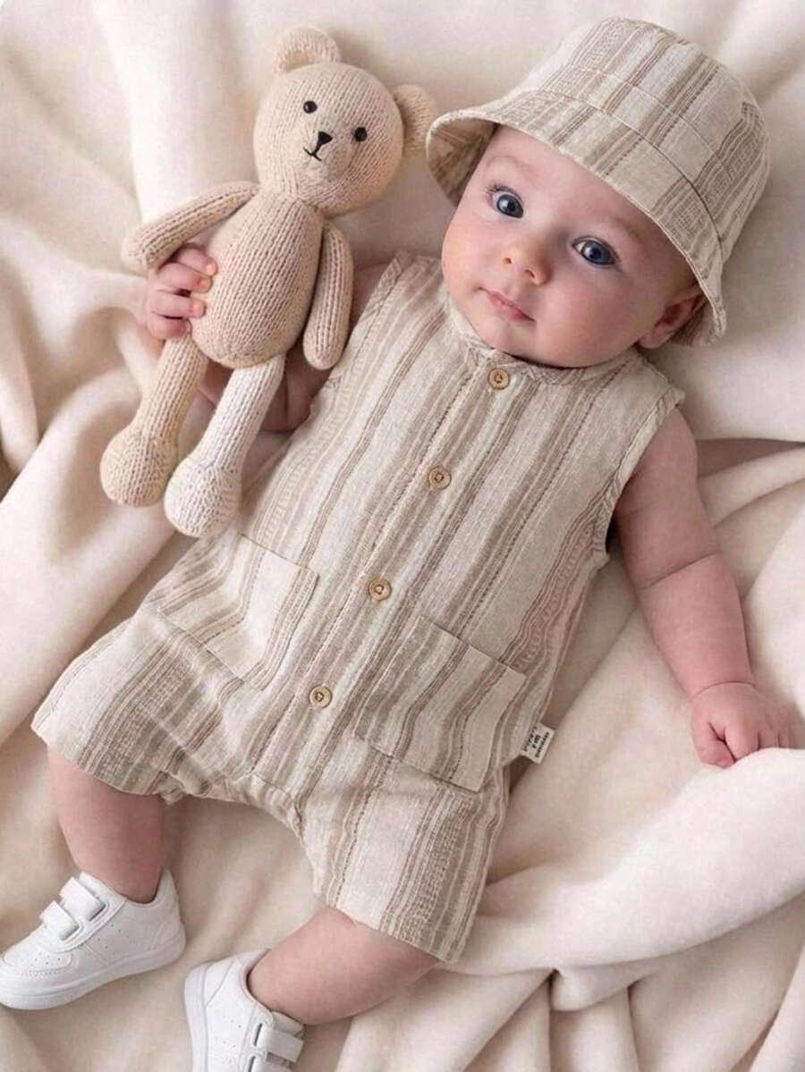 SHEIN 两件套，含赠送帽子：新生儿夏季杏色条纹圆领无袖连体衣和度假休闲渔夫帽 - 旅行必备 - 卡其色 - 查看 1