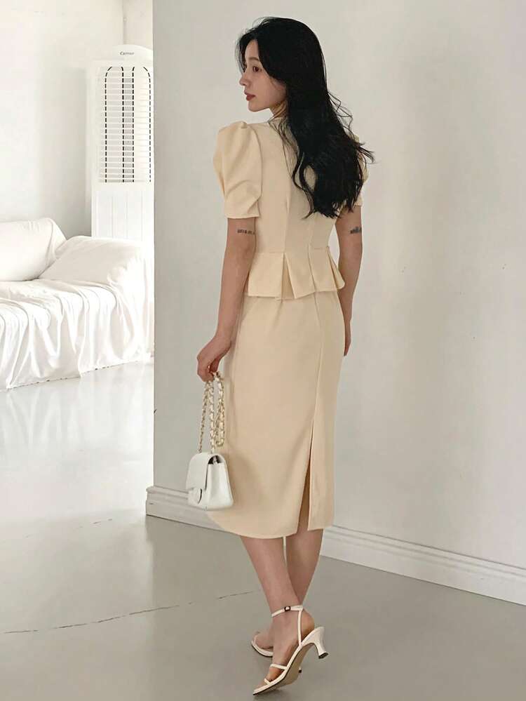 Women's Square Neck Waist Gathered A-Line Short Sleeve Mid-Length Dress