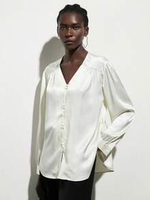 Aveloria Rosie 时尚优雅宽松V领纯色长袖衬衫 - 白色 - 查看 5