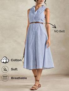 Briarwyn 女士条纹印花前扣休闲无袖连衣裙 - 藍白色 - 查看 1