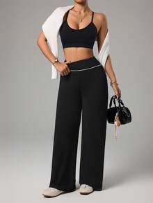 Dewbera Dewbera Pantalones anchos de mujer para yoga, deportes, fitness al aire gimnasio, con cintura con rayas de color contrastante, básicos y casuales - Negro - Ver 4