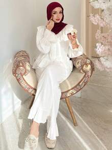 DAZY 浪漫轻盈纹理面料荷叶边女士睡衣套装 - 白色 - 查看 7