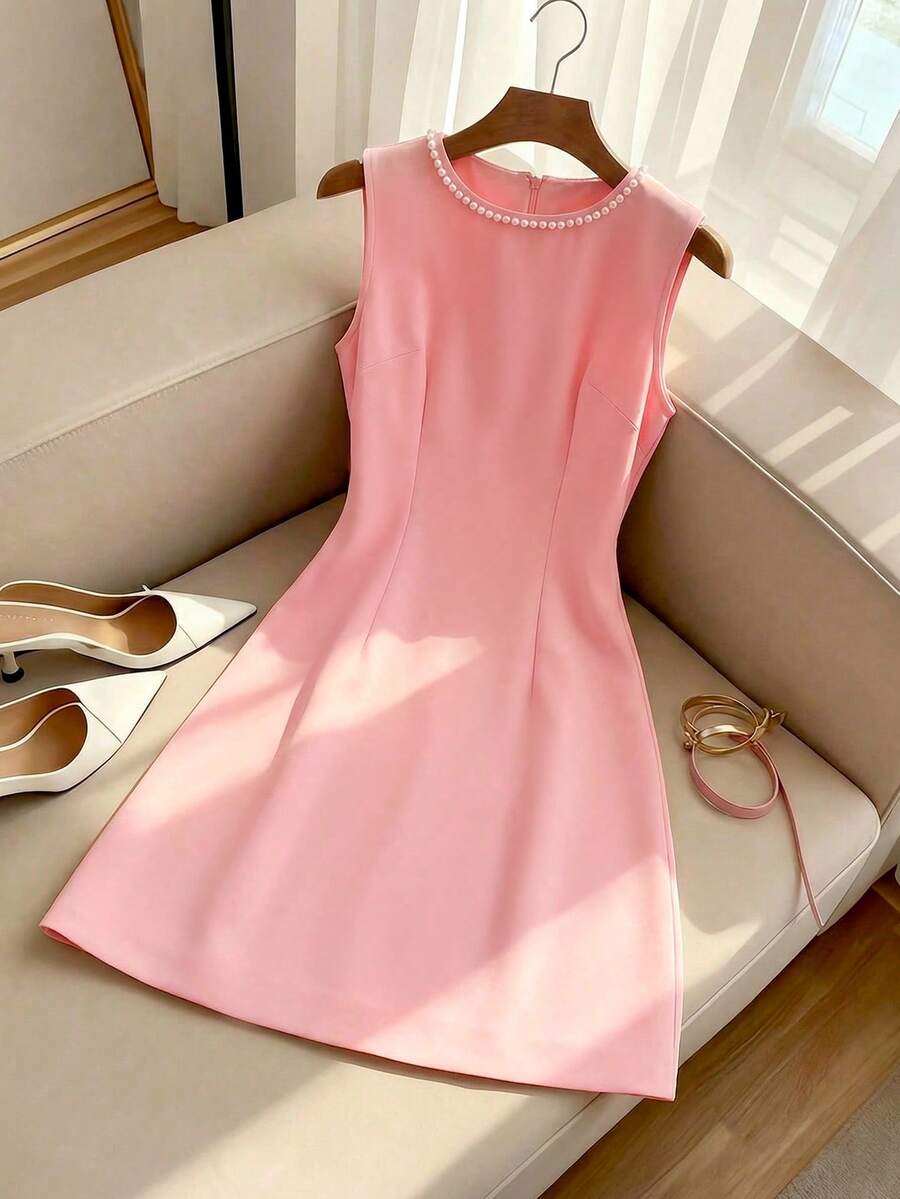 GlowEve 女士纯色简约无袖珍珠装饰休闲连衣裙 - 粉色 - 查看 1