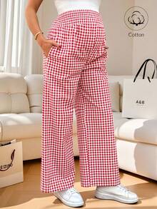 Modmama Plaid Print Casual Versatile Maternity Wide Leg Pants - Red - View 8