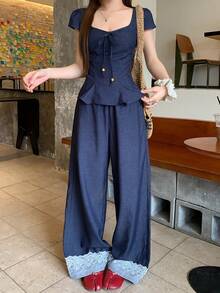 DAZY Women's Korean Style Ruffle Trim Denim Effect Shirt And Elongated Pants 2 Pieces Set - Blue - View 7