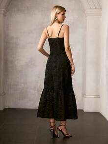 MOTF PREMIUM ELEGANTE VESTIDO LARGO DE MUJER CON TIRANTES FINOS EN NEGRO | TEJIDO JACQUARD TEJIDO CON DETALLE DE VOLANTES ESCALONADOS, VESTIDO SIRENA PARA AÑO NUEVO, DÍA DE SAN VALENTÍN, FIESTAS FORMALES, GALAS Y CELEBRACIONES, VESTIDOS DE PRIMAVERA ATUENDOS DE VERANO - Negro - View 4