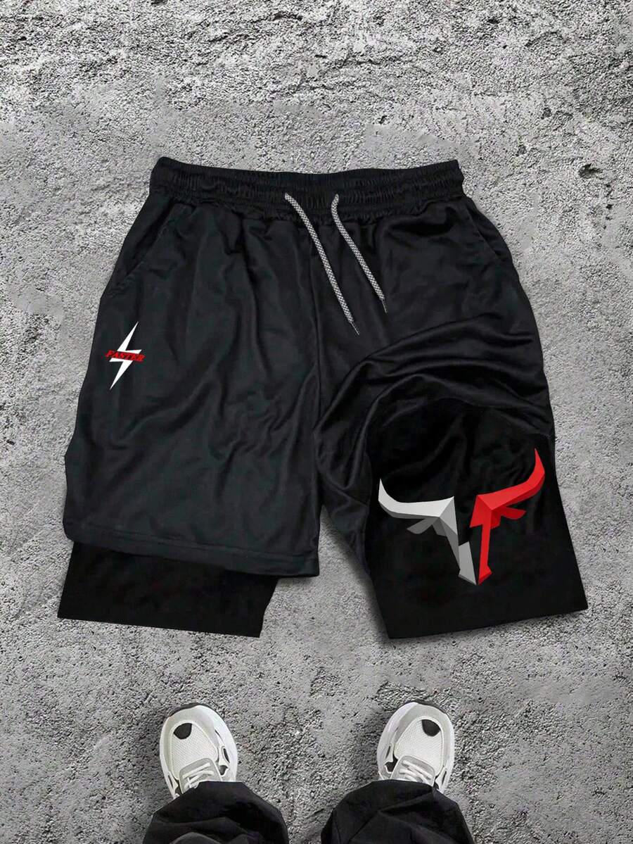 Sport MetroGents Quần short thể thao hai lớp, cạp chun, in hình tia chớp dành cho nam. - màu đen - Xem 1