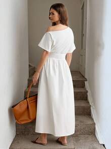 Easowa Elegant White Summer Tea Party Dress For Women,Dropped Shoulder Cinched Waist A-Line Midi Dress,Off Shoulder Modest Wedding Guest Graduation Attire - White - View 4