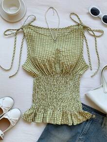 Comfortcana Áo tank top nữ bằng vải cotton kẻ caro màu xanh lá cây, kiểu dáng thường ngày, có dây rút ở vai và eo, thích hợp cho mùa hè, ngày Valentine, lễ hội, đi biển, kỳ nghỉ, mặc nhà, dạo phố, đi học. - màu xanh lá - Xem 6