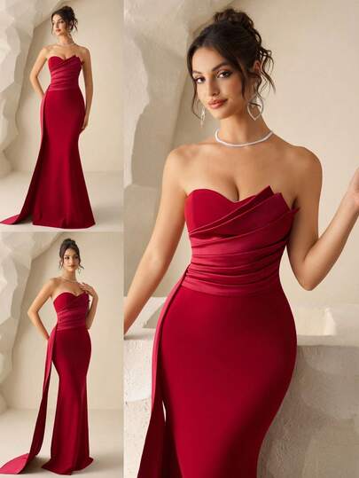 Coutiva Elegant Party Mermaid Strapless Bridesmaid Dress Elegant Sequin Embellished Dress, High-End Formal Gown For Banquet Women's Formal Evening Dress Gown (Heavy Embroidery) Women Rhinestone Embellished Sheer Wine Red Long Evening Gown, Wedding Guest Dress, Elegant Evening Dress, Prom Dress, For Wedding Dress Waist And Chest Slimming, Party Dress, Formal Dress
