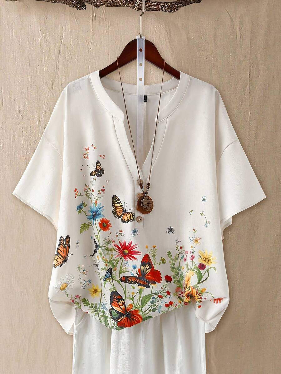 Linhara Áo kiểu nữ cỡ lớn in họa tiết, phong cách thường ngày lãng mạn, phù hợp cho hẹn hò, du lịch và đi làm. - Nhiều màu - Xem 1