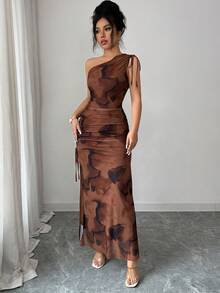 Rafferiza Women's Elegant Off-Shoulder Gathered Tie-Dye Mesh Drawstring Slit Slim-Fit Long Dress, Women's Elegant Dress, Tie-Dye Gradient, Mesh Dress, Off-Shoulder Sleeveless Dress, Slim-Fit Bodycon Dress, Slit Dress, Tie-Dye Dress, Women's Casual Suit, Women's Summer Dress, Summer Holiday Outfit, Summer Clothing, Women's Spring Outfit, Spring Clothing, Vacation Outfit, Women's Beach Outfit, Vacation Dress, Summer Outfit, Women's Floral Dress, Women's Party Dress, Wedding Dress, Women's Brown Dress, Brown DressGraduation Season Attire, Fashionable Casual Commuter Wear, Business Office Wear, Versatile And Stylish Everyday Casual Wear, Urban Teacher's Professional Attire - Coffee Brown - View 5