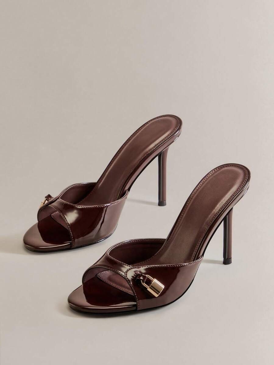 Women's Fashion Daily Versatile Slip-On Heeled Sandals With Lock Decor For Christmas - Chocolate Brown - View 1