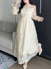 Dazy Plus Plus Size Women's Elegant Lace Tie-Up Party Dress, Spring/Summer - Apricot - View 7