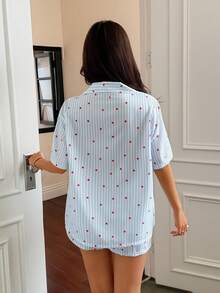 Napfluff 蓝色条纹爱心印花短袖开衫和短裤宽松女式睡衣套装 - 藍色 - 查看 2