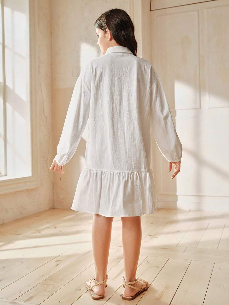 Girls' Spring/Summer Casual White Embroidered Shirt Dress, Lantern Elastic Waist Embroidered Girls' Dress