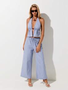 SHEIN ICON 2026 New Arrive Women's Striped Halter Crop Top And Pants Two Pieces Set, Summer - Blue - View 5