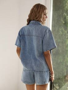 Sunnyshic Spring & Summer Fashion Casual Turndown Collar Pocket Washed Denim Jacket - Light Wash - View 3