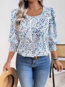 SHEIN PETITE Plus Size Women Casual Fitted Round Neck Ditsy Floral 3/4 Sleeve Blouse ,Petite Women - Blue and White - View 5