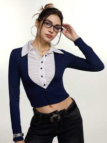 INAWLY Women's Contrast Color 2 In 1 Long Sleeve Top - Multicolor - View 4