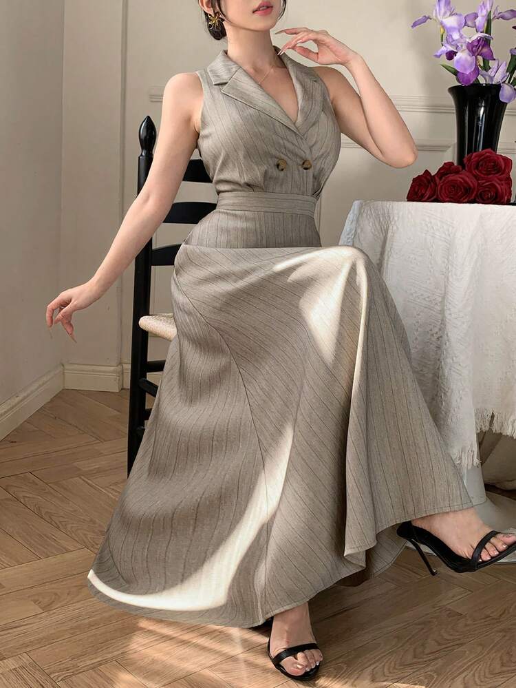 Women's Striped Elegant Waist Cinching Long Dress, Suitable For Parties And Events Sundress Summer