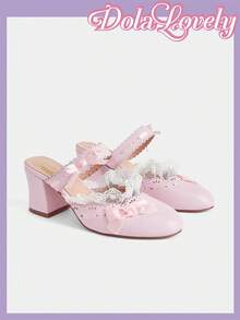 Dola Lovely 女士粉色蕾丝蝴蝶结露跟半截高跟鞋，甜美可爱百搭的洛丽塔风格高跟鞋 - 粉色 - 查看 3