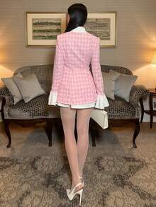 hhfernanda Women's 2 In 1 Pink Waist-Cinching Long Sleeve Flounced Lightweight Blazer , Business Casual, Office Wear , Elegant, College Students In Fall/Winter - Pink - View 2