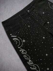 Manfinity Denimwave Men's Summer Black Rhinestone Embellished Loose Wide Leg Denim Shorts - Black - View 5