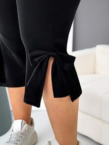 SHEIN CURVE+ 大码女装春夏休闲侧开衩蝴蝶结七分裤 - 黑色 - 查看 4
