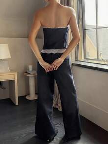 Livesso Strapless Lace Hem Casual Denim Jumpsuit For Women - Dark Wash - View 2