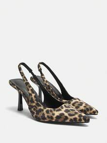 女士尖头露跟高跟鞋，休闲高跟鞋，带踝带，豹纹印花，春秋季，猫跟，优雅，派对装扮 - 彩色 - 查看 10