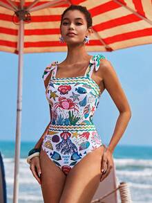 Travachic Women's Starfish & Crab Print One-Piece Swimsuit, Suitable For Beach Vacation, Pool Party, Beach Party - Multicolor - View 3