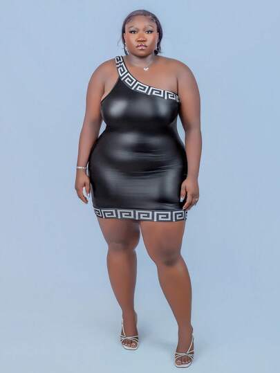 CurvyTilda 女士优雅单肩黑色针织紧身连衣裙，带几何图案，弹性皮革