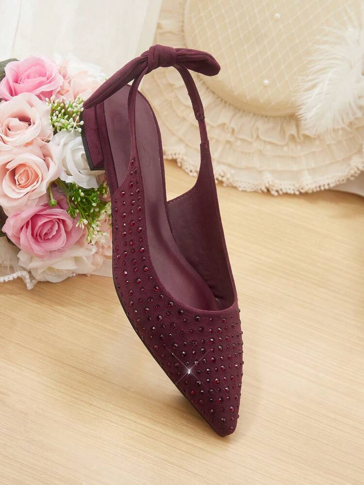 CUCCOO HITCHD Women Shoes Summer And Summer Burgundy Rhinestone Pointed Flat Shoes, Slingback Bow With Slip-On, Fashionable, Comfortable, Elegant And Beautiful Summer Shoes Wedding Shoes Bride Shoes