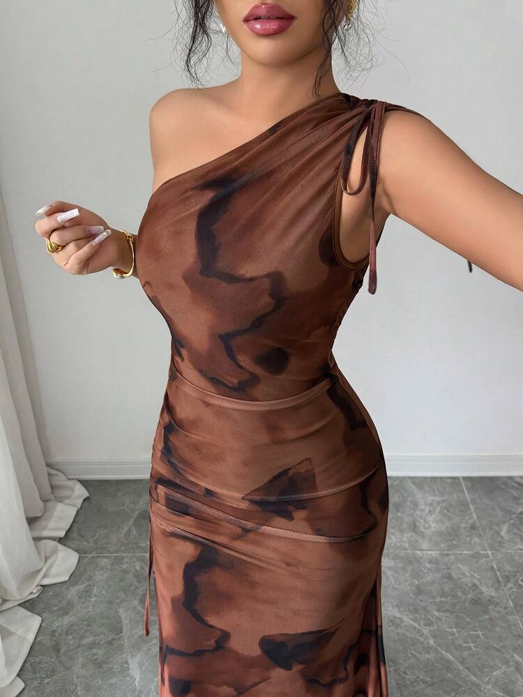 Vestido de mujer elegante con hombro asimétrico, fruncido, efecto tie-dye, malla y cordón de ajuste con abertura lateral - Verde - Añade 10
