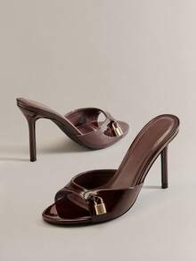 Women's Fashion Daily Versatile Slip-On Heeled Sandals With Lock Decor For Christmas - Chocolate Brown - View 6