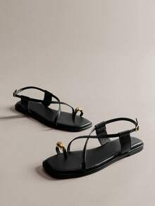 Hauture 女士时尚休闲方头系带人字凉鞋，镀金装饰 - 黑色 - 查看 6