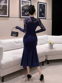 Joudiya 春夏蓝色亮片镂空网纱蕾丝拼接性感音乐节情人节婚礼派对宴会礼服长袖修身鱼尾中长连衣裙 - 藏蓝色 - 查看 5