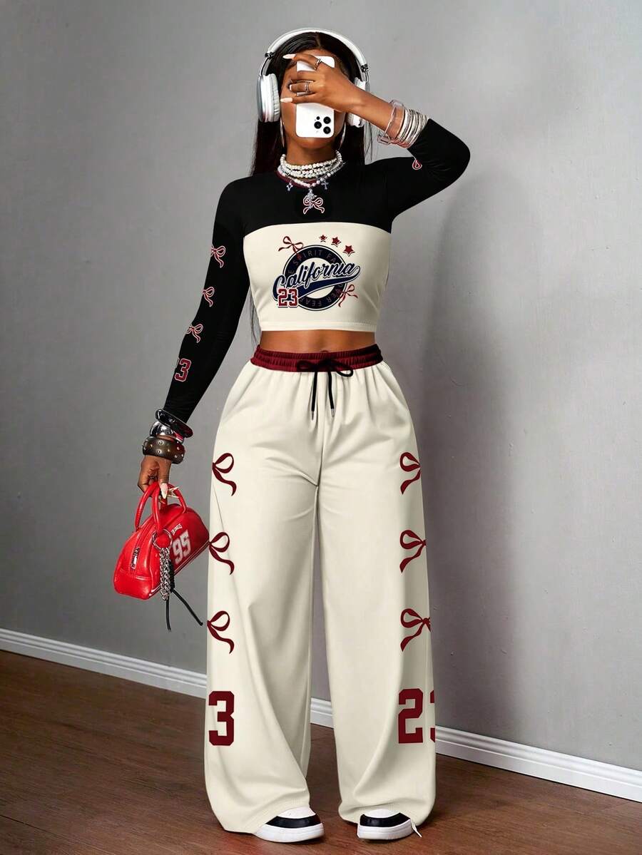 Rovax 女士圆领字母蝴蝶结印花长袖T恤搭配抽绳阔腿裤，休闲度假通勤套装 - 卡其色 - 查看 1