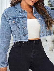 Slaydiva Plus Size Women Long Sleeve Single-Breasted Frayed Hem Casual Denim Jacket - Blue - View 3