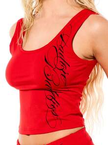 SUMWON WOMEN Cropped Scoop Neck Tank Top With Script Text Print And Fitted Silhouette For Summer Casual Wear - Red - View 5