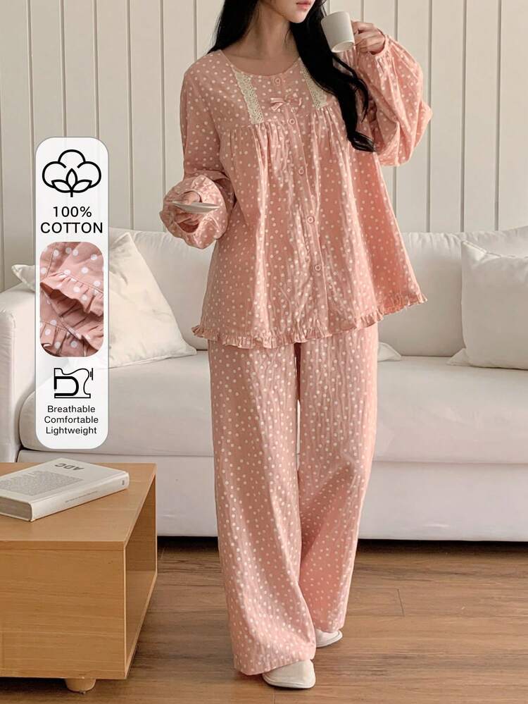 Sweet Floral Lace Trim Ruffle Hem Lantern Sleeve Loose Women Pajama Set
