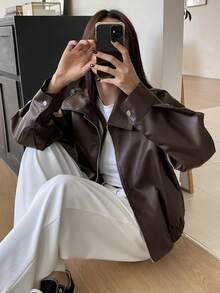 Dazy-Less Damen Einfarbige Reißverschluss Lässig Vielseitige Langarm Regular Jacke - Braun - Übersicht 7