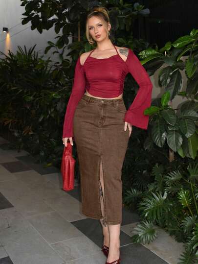 Arliah 女式休闲纯色开叉下摆修身牛仔迷你裙