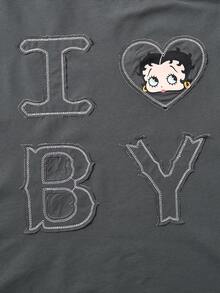 Betty Boop x SHEIN 女士休闲日常字母卡通图案短袖T恤 - 深灰色 - 查看 3